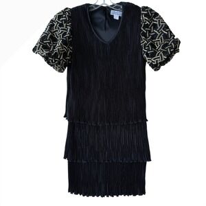 BOUTIQUE de JOLIE MADAME VINTAGE Black Pleated Dress Gold Puff Sleeves Size 10